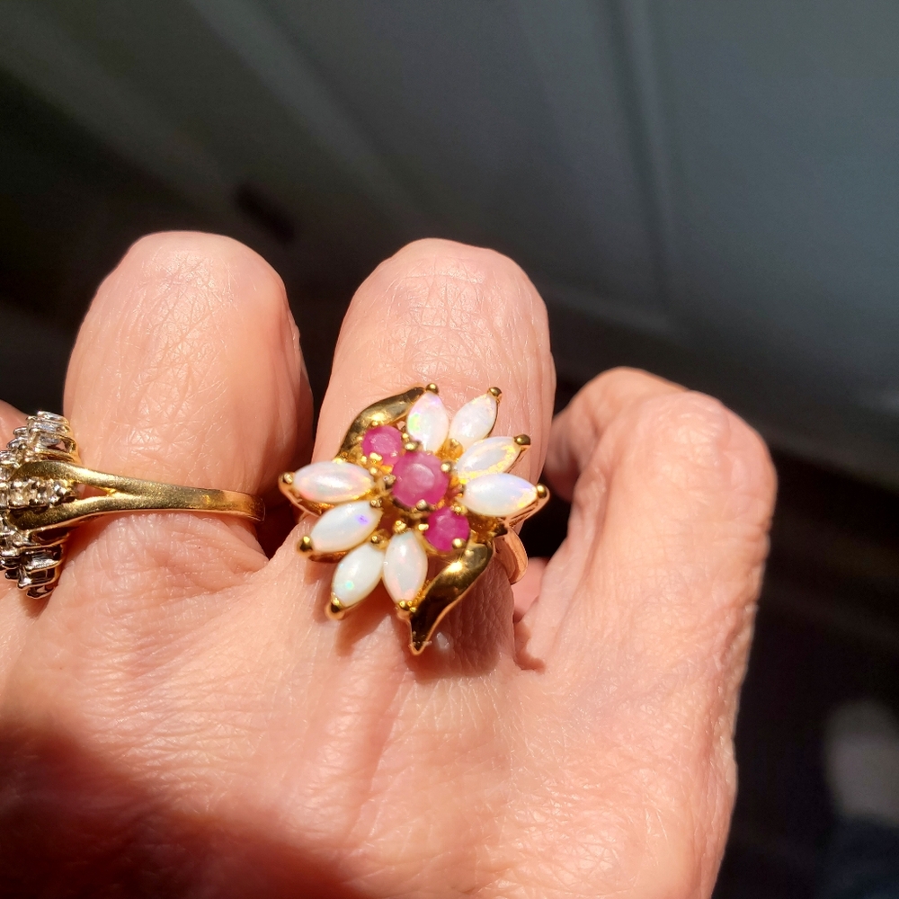 Gold Ionized Sterling Silver Opal/Ruby Ring - image 2